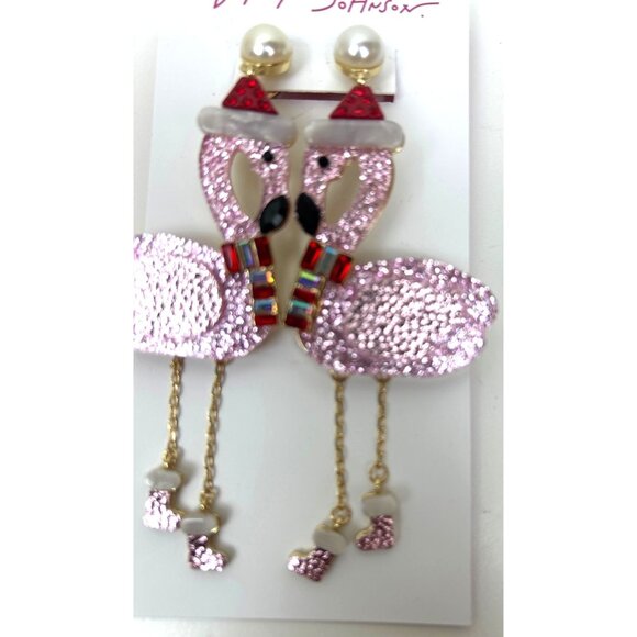 Betsey Johnson Pink Flamingo Santa Hat Earrings Holiday Dangle Glitter Whimsical - Picture 2 of 3